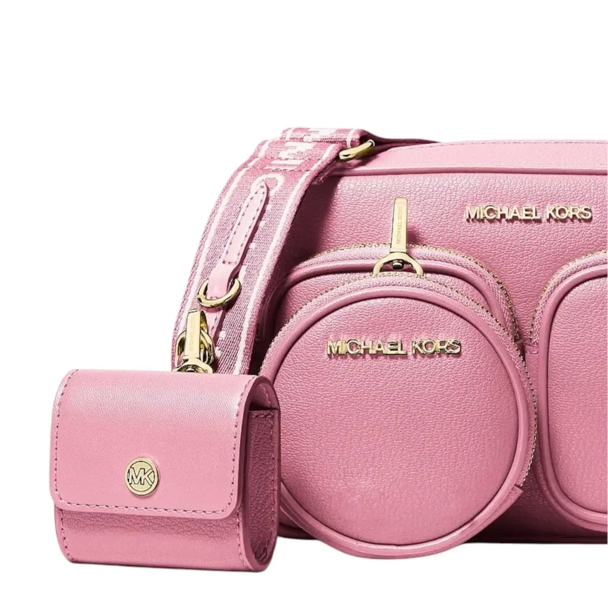 Michael Kors Jet Set MD Pocket Crossbody Tech Attached Leather Bag Carnation