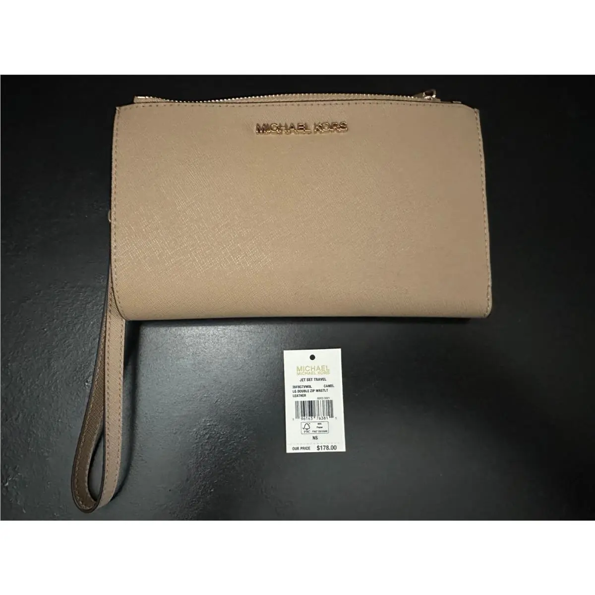 Michael Kors MK Jet Set Travel Double Zip Phone Wristlet Wallet Camel Gold Tone