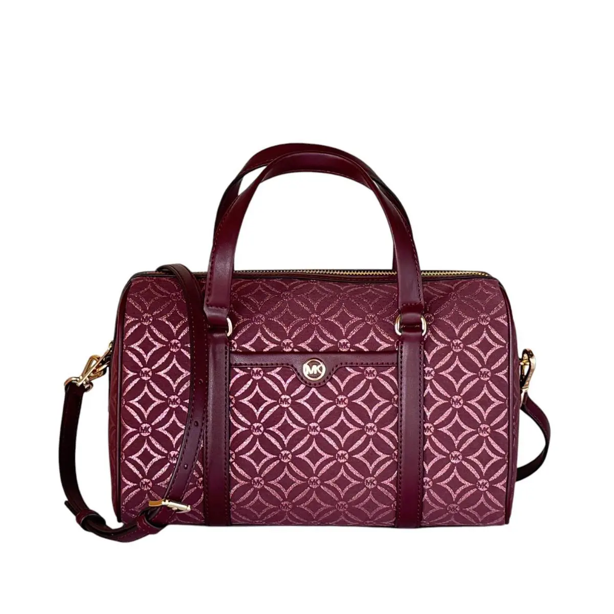 Michael Kors Travel MD Duffle Satchel Shoulder Bag Graphic Logo Glitter Oxblood