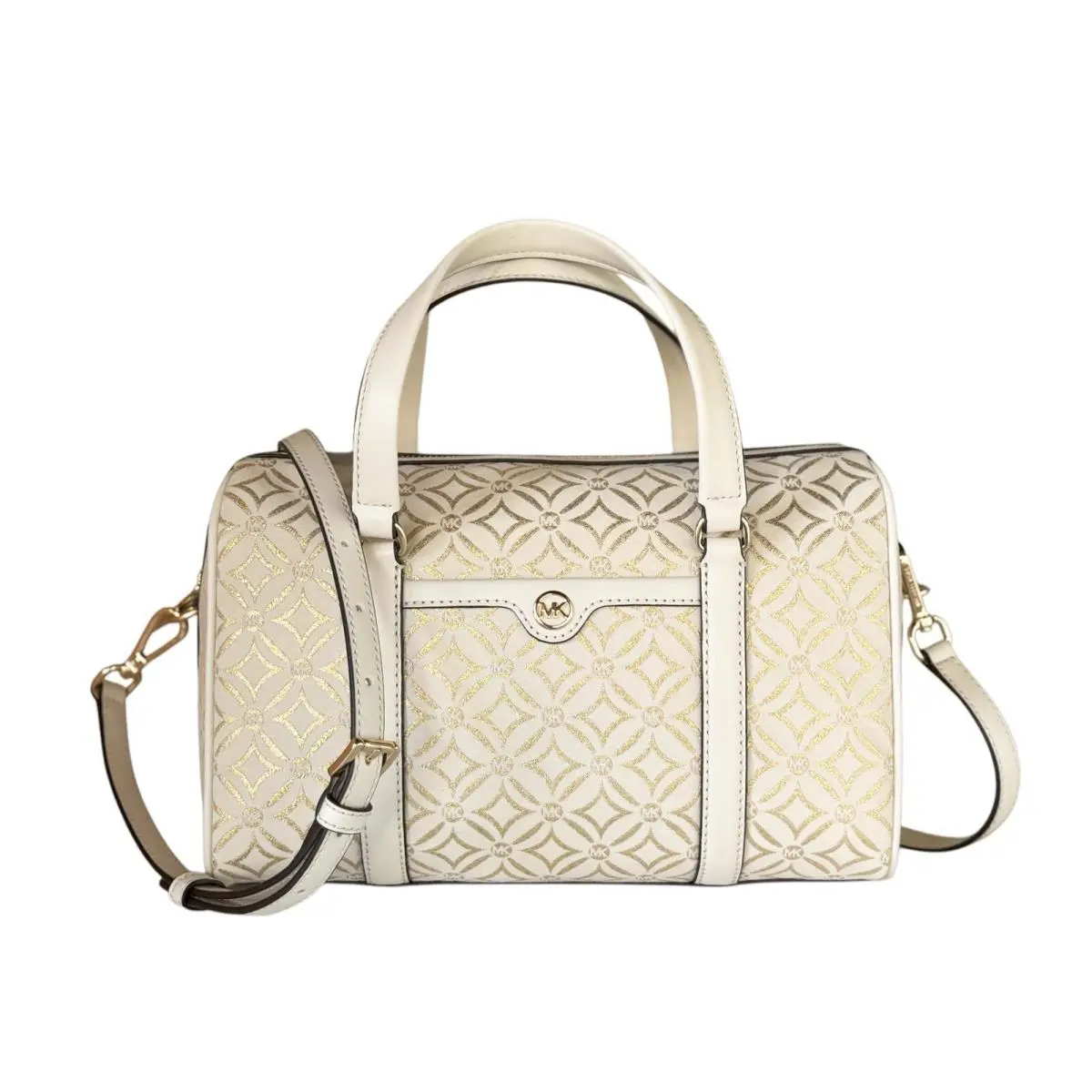 Michael Kors Travel MD Duffle Satchel Shoulder Bag Graphic Logo Glitter Gold