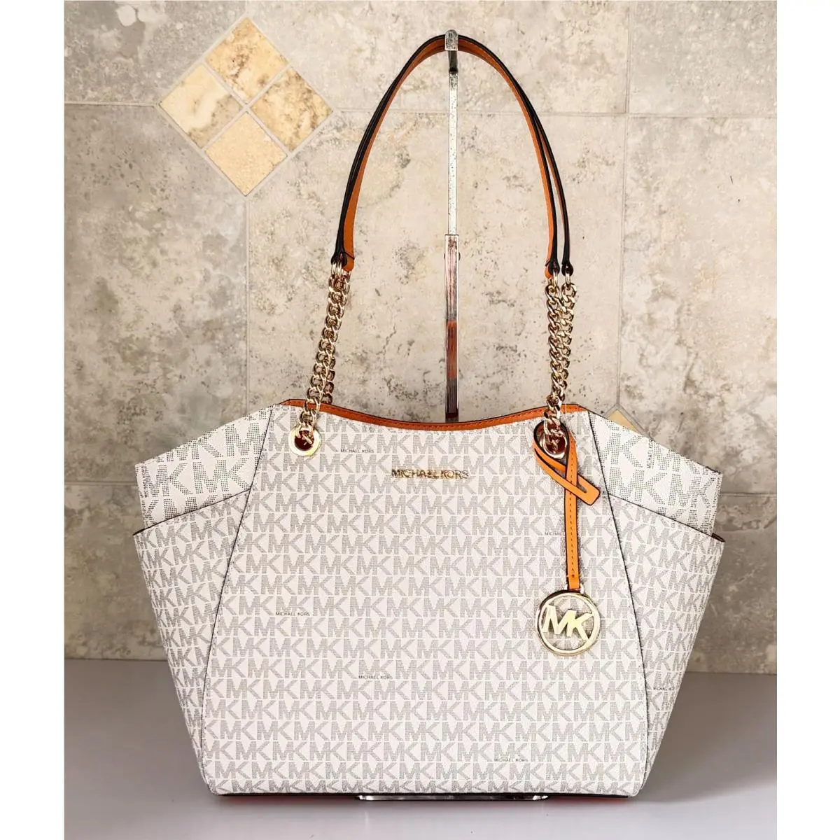 Michael Kors Jet Set Travel Large Shoulder Chain Tote Bag MK Vanilla/rad Orange