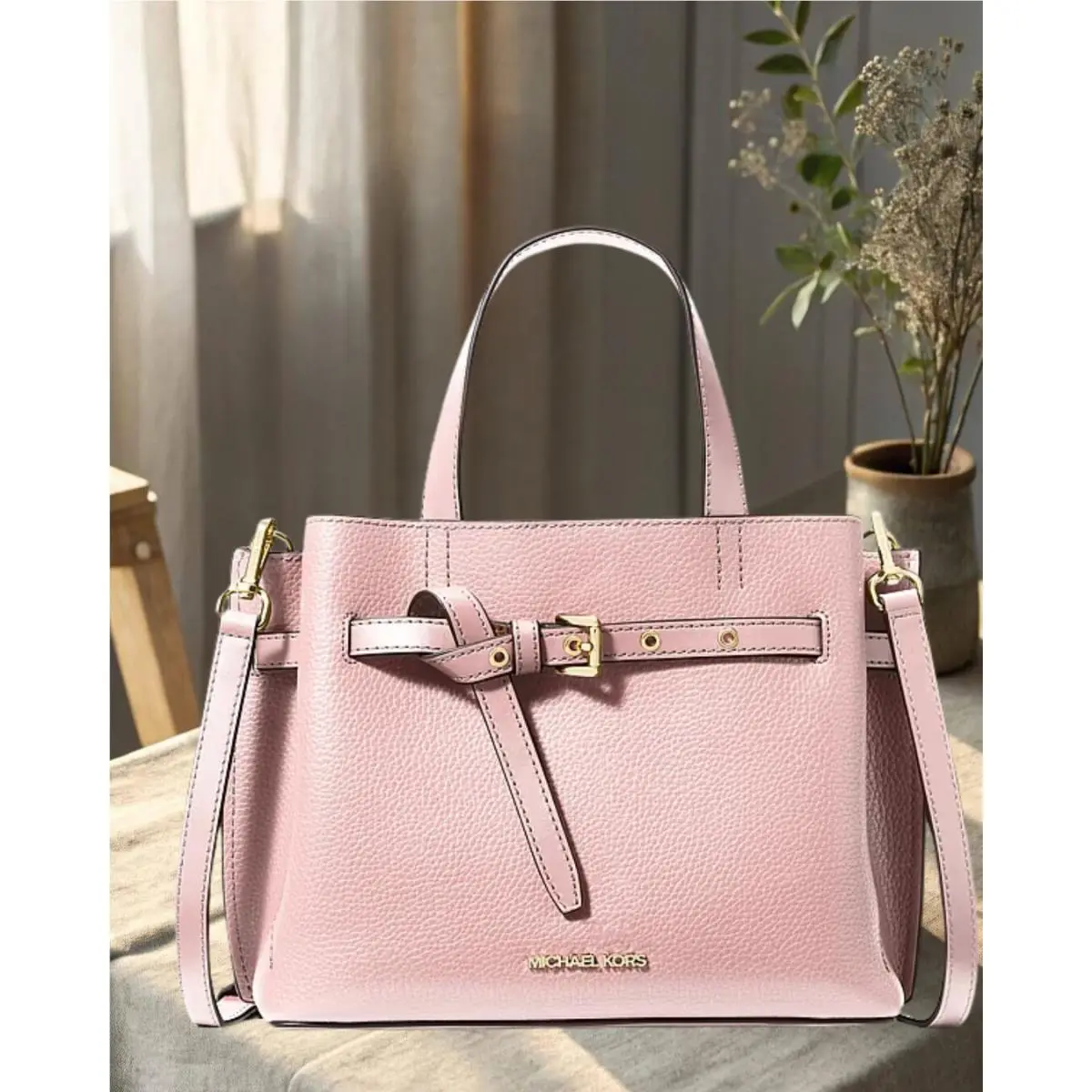 Michael Kors Emilia Women Small Pebbled Leather Satchel Handbag Powder Blush