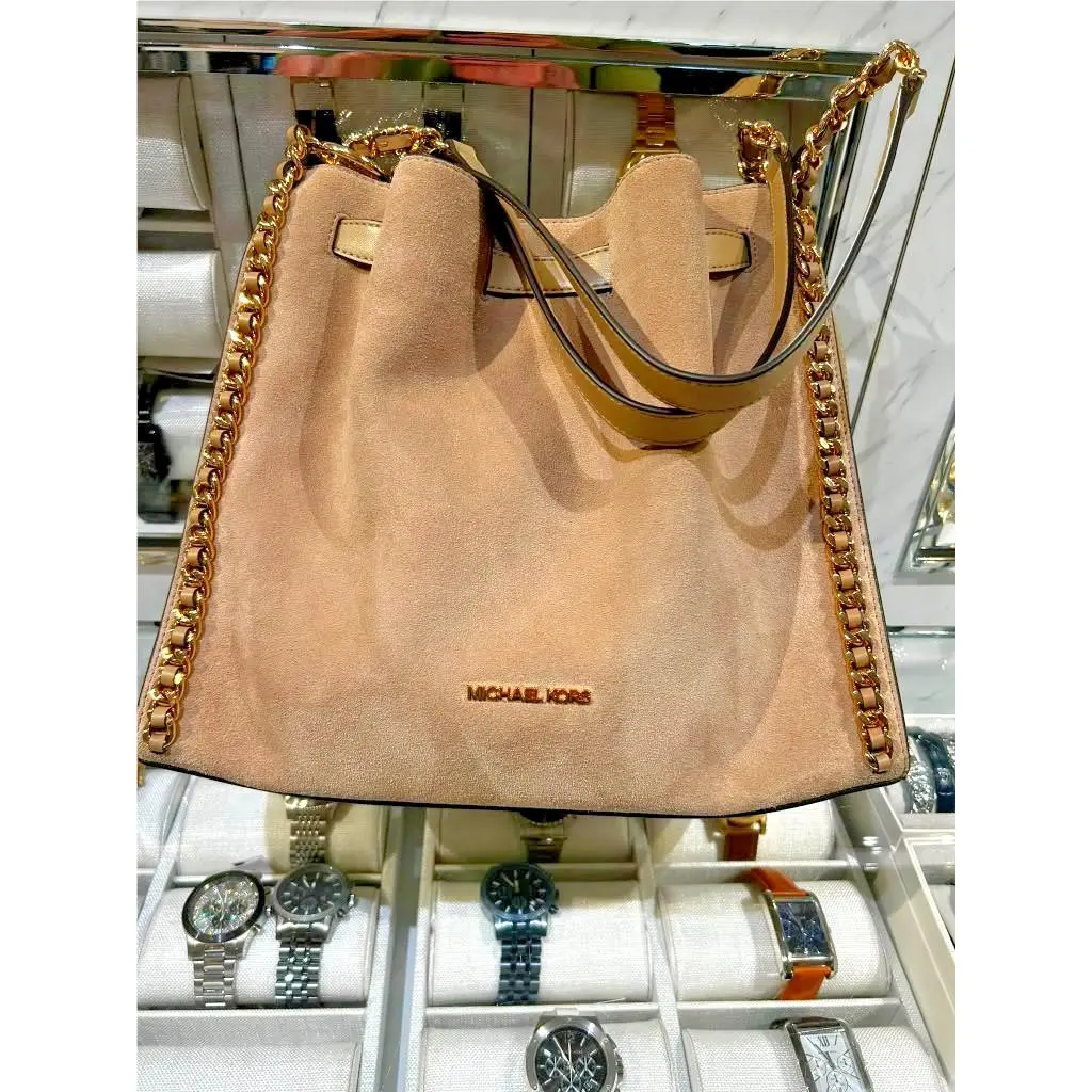 Mina Large Belt Chain Suede Shoulder Bag Women Handbag Purse Camel by Michael Kors