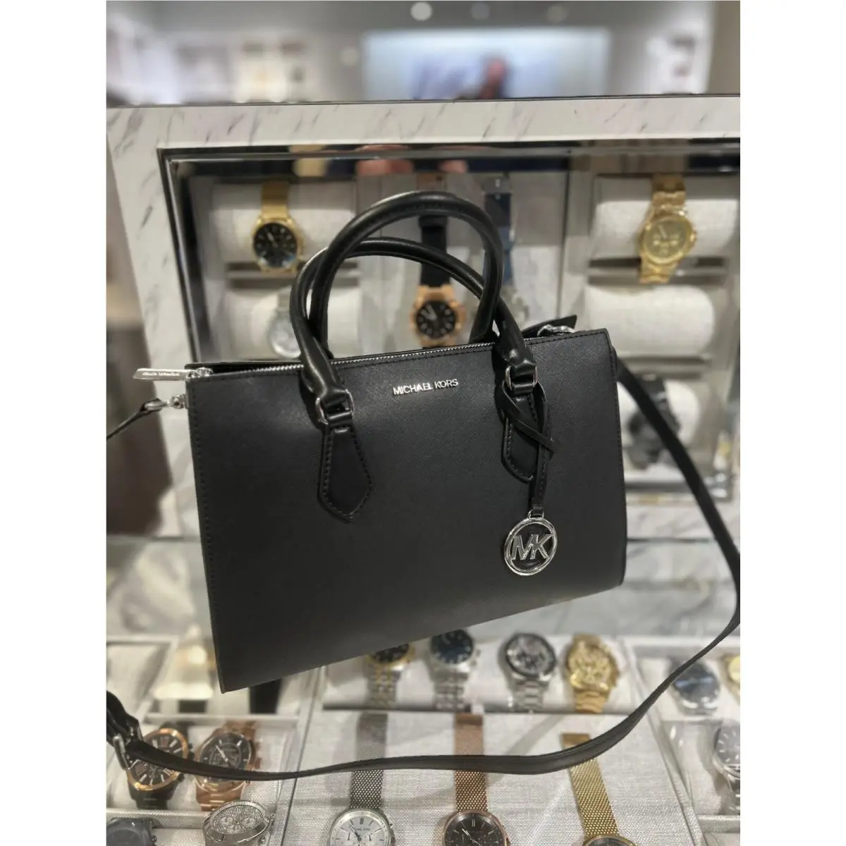 Sheila Silver-toned Medium Center Zip Crossbody Satchel Bag Black by Michael Kors