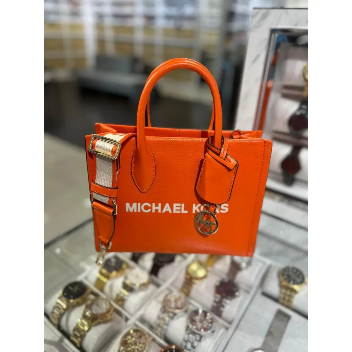 Michael Kors Mirella Small Leather Shopper Top Zip Crossbody Handbag Purse-poppy