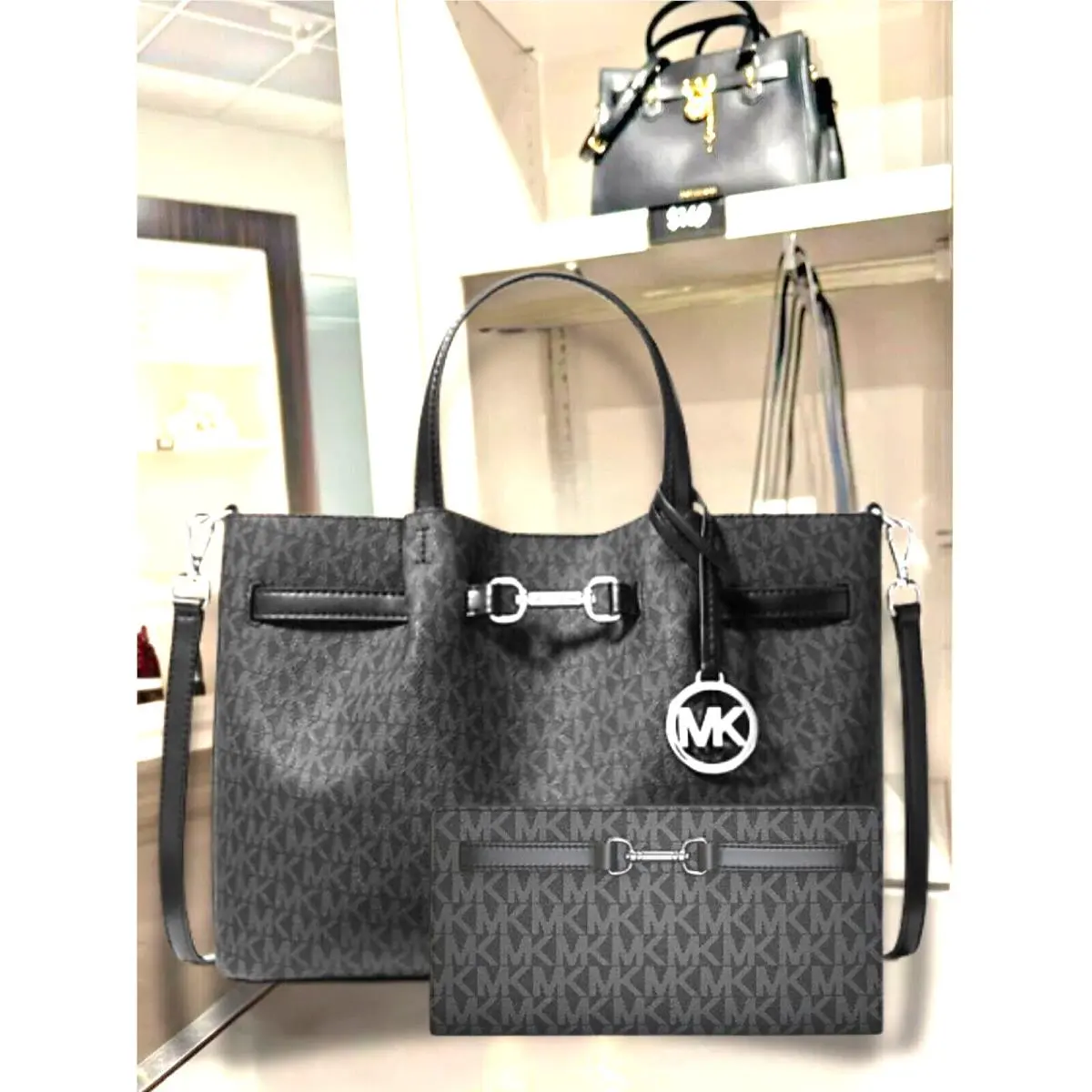 Michael Kors Carson Women Medium MK Logo Satchel Bag + Snap Wallet Combo Black
