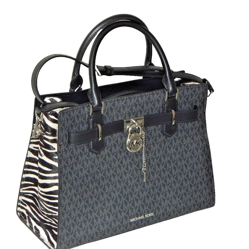 Michael Kors Hamilton Signature MK Logo Medium Black Satchel Shoulder Bag