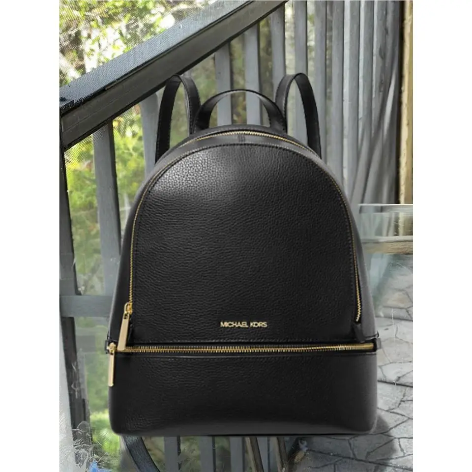 Michael Kors Rhea Women Medium Leather Zip Pocket Design Backpack Black