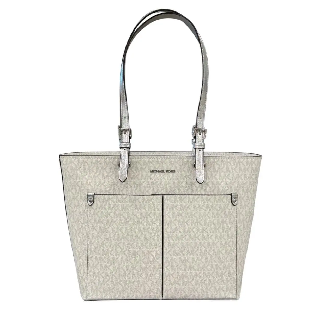 Michael Kors Jet Set Travel MD Double Pocket Tote Shoulder Bag MK White/silver
