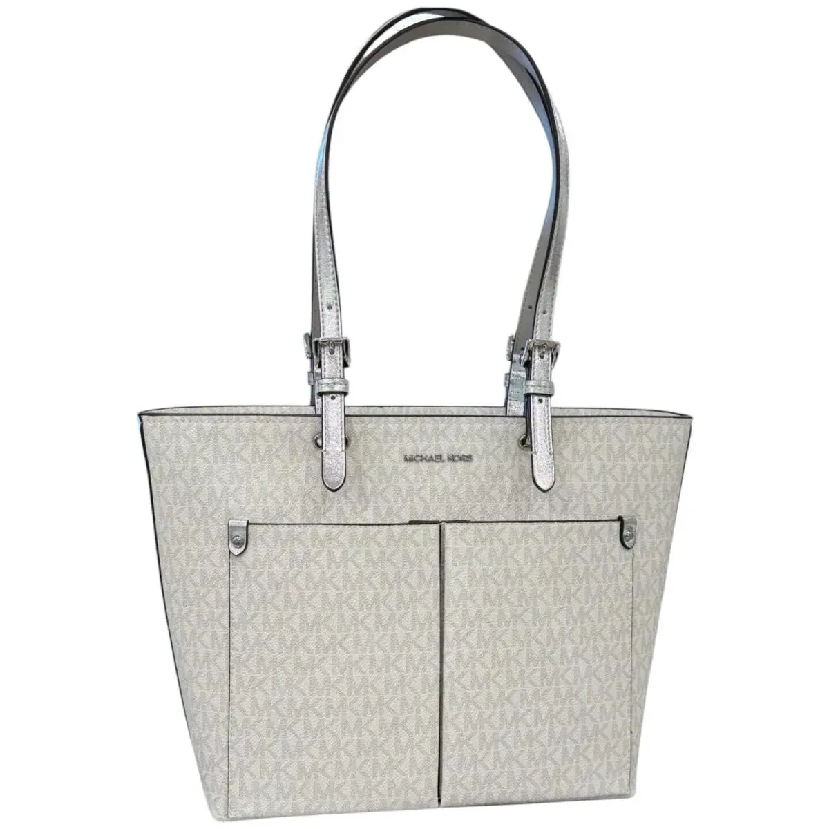 Michael Kors Jet Set Travel MD Double Pocket Tote Shoulder Bag MK White/silver