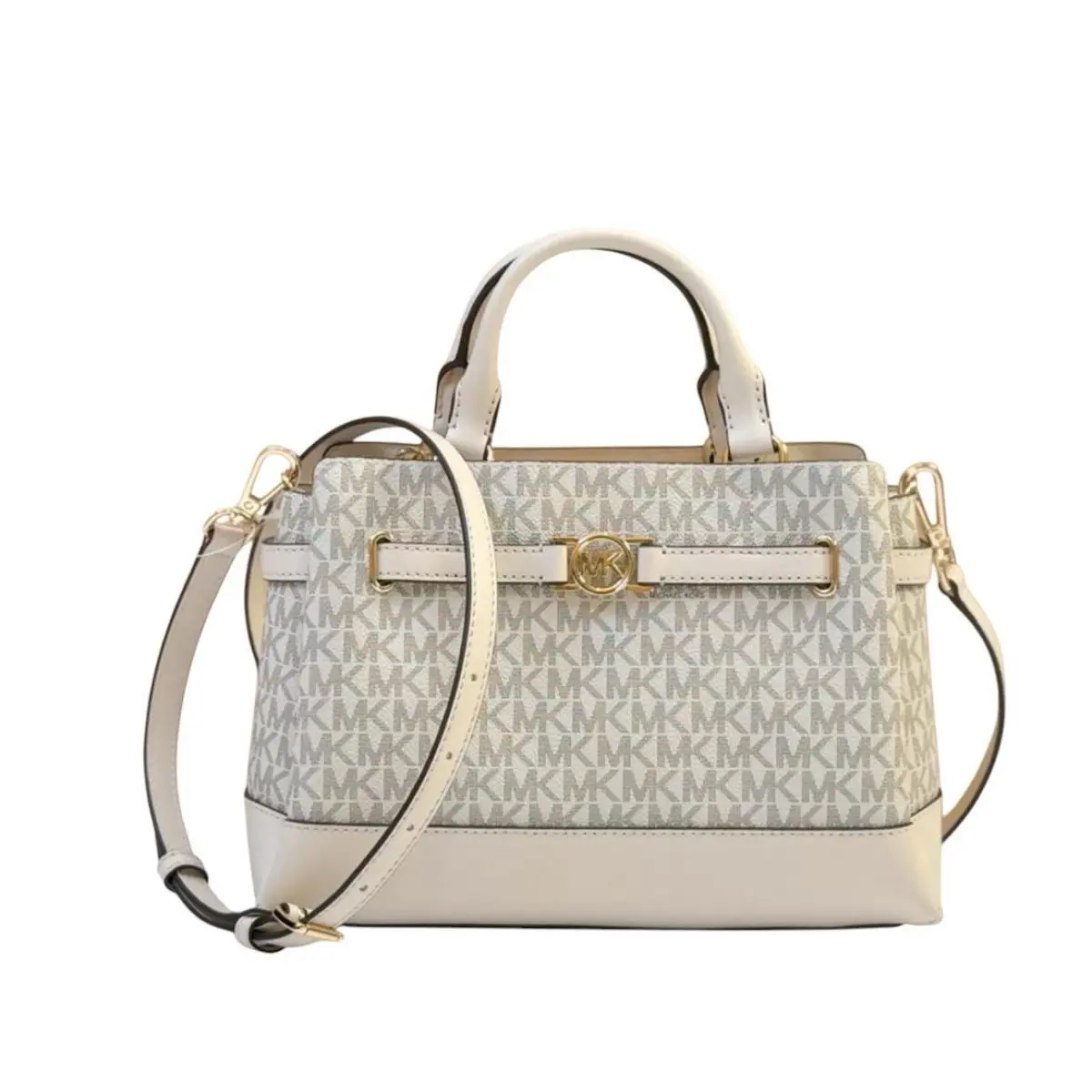 Michael Kors Reed SM Belted Satchel Shoulder Crossbody Bag MK Light Cream Multi