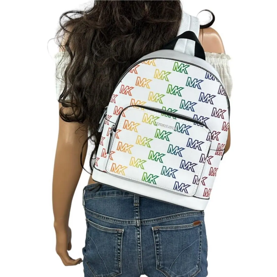 Michael Kors Unisex Cooper Commuter Sling Bag Backpack MK Rainbow Optic White