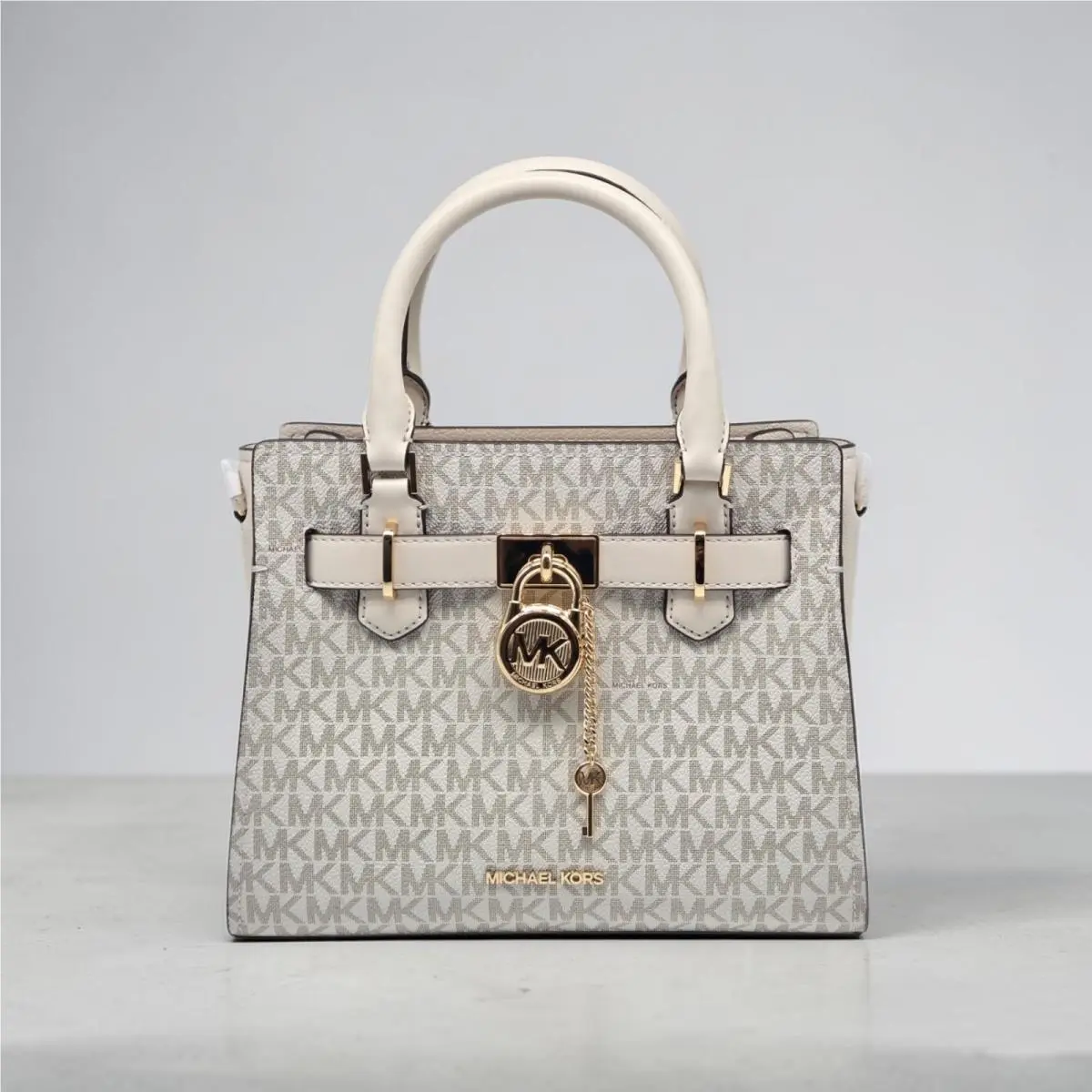 Michael Kors MK Small Hamilton Cream Vanilla Logo Satchel Crossbody Handbag - Handle/Strap: Cream, Hardware: Gold - toned, Gold, Exterior: Lt Cream Multi