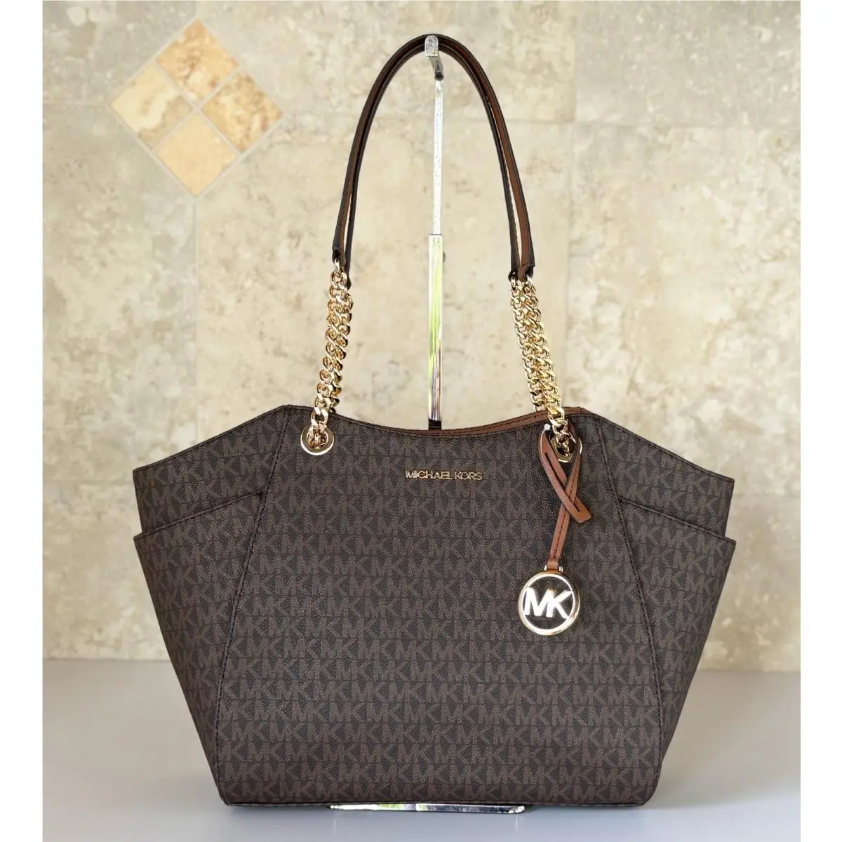 Michael Kors Jet Set Travel Large Shoulder Chain Tote Bag MK Brown
