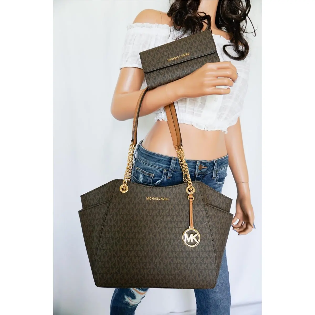 Jet Set Travel Shoulder Chain Tote Bag + Wallet MK Brown by Michael Kors