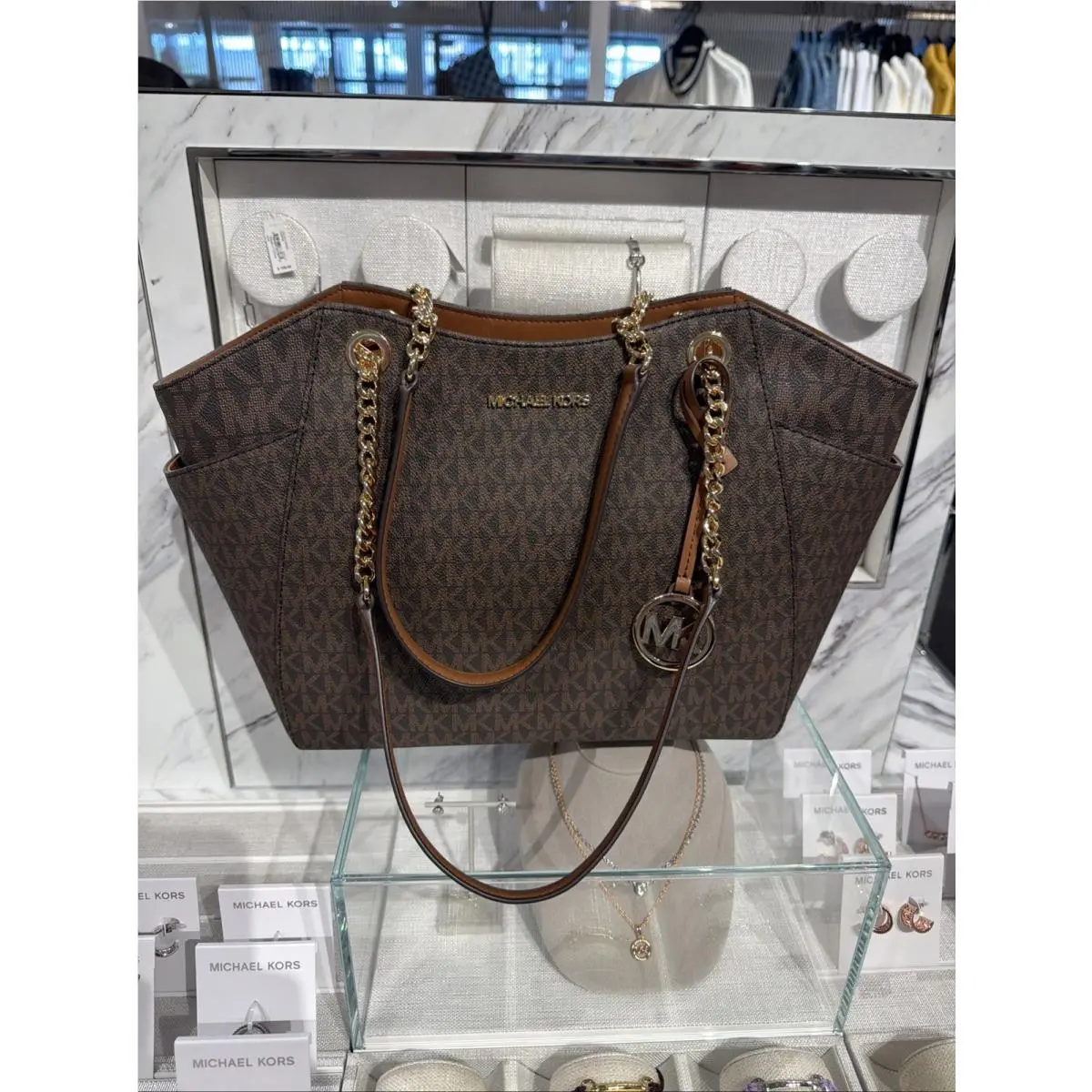 Michael Kors Jet Set Travel Large Shoulder Chain Tote Bag MK Brown Handbag Purse