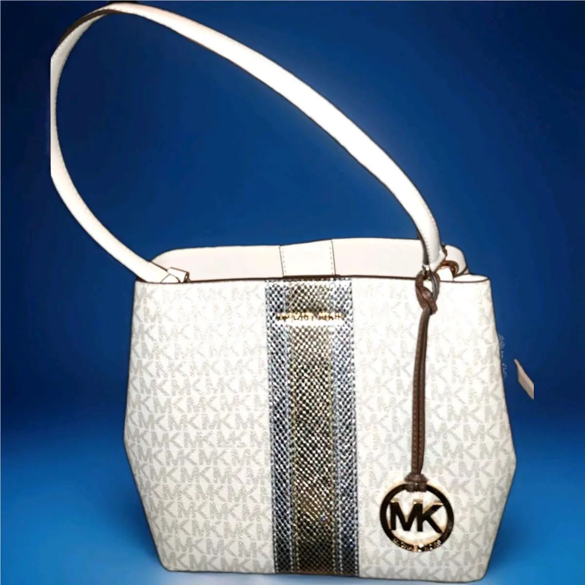 Michael Kors Pratt MD Shoulder Bucket Bag Center Stripe MK Glitter Silver Black