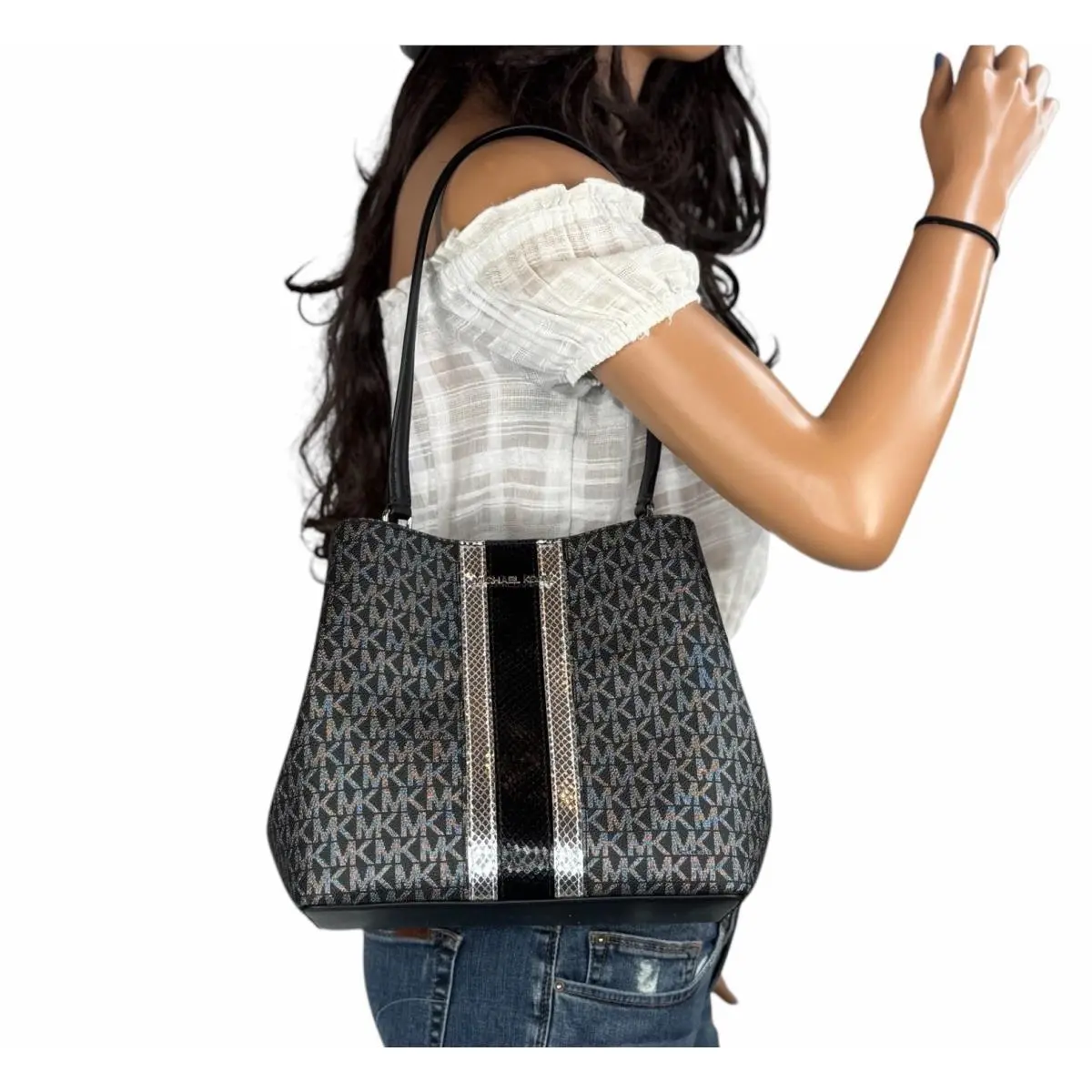 Pratt MD Shoulder Bucket Bag Center Stripe MK Glitter Silver Black by Michael Kors
