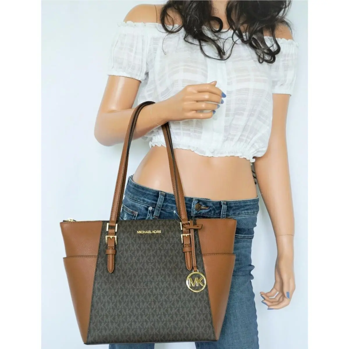 Michael Kors Charlotte Large Shoulder Tote Bag Purse MK Signature Brown