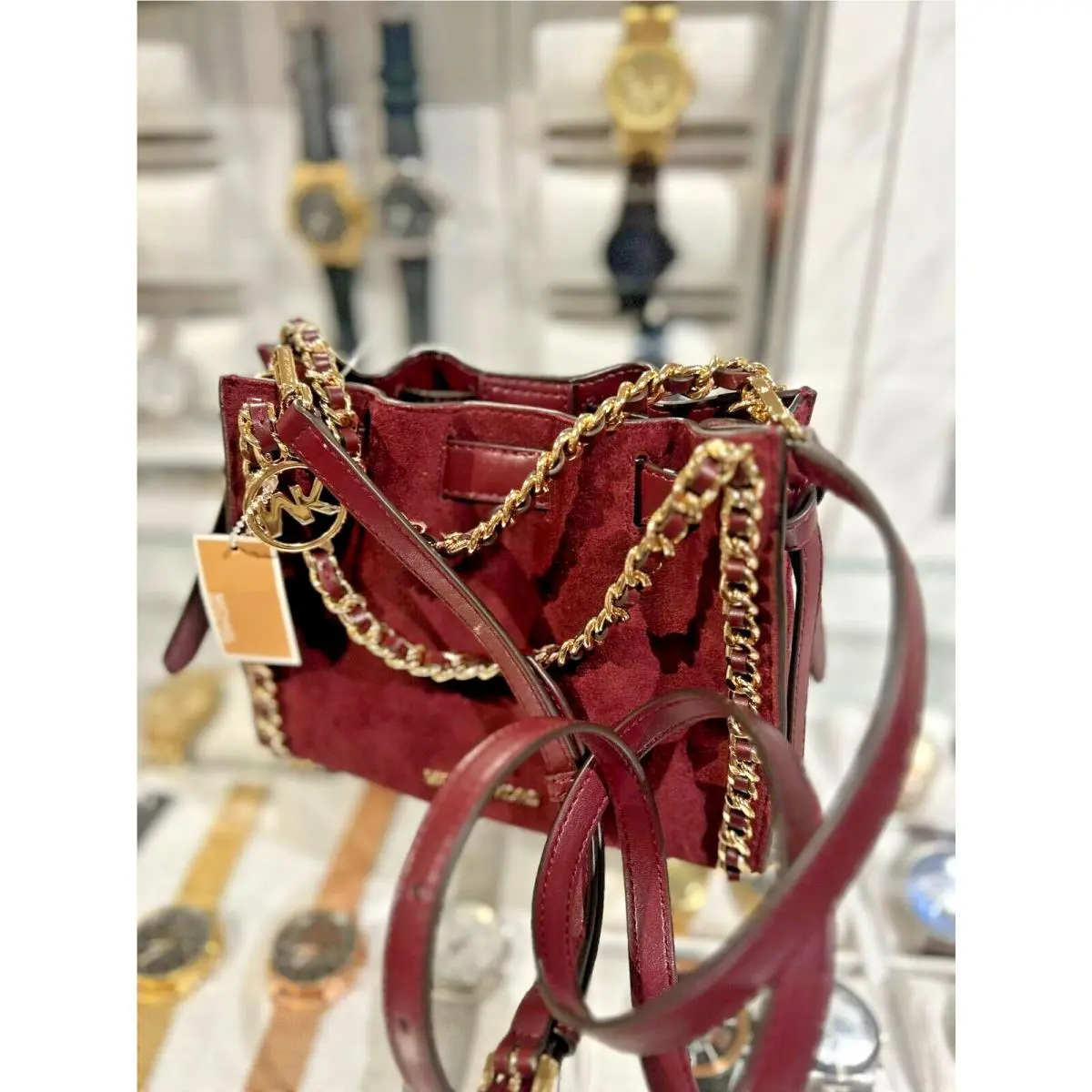 Michael Kors Women Mina Small Bag Leather Suede Purse Crossbody Handbag Oxblood