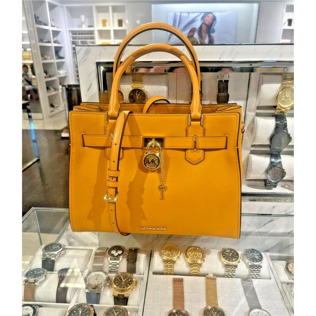 Michael Kors Hamilton Medium Leather Satchel Crossbody Handbag Purse Golden Rod