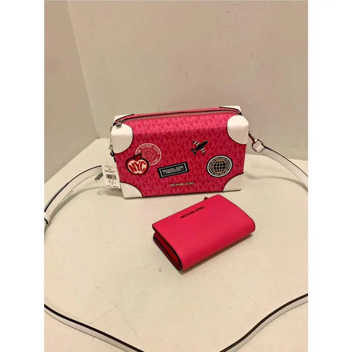 Michael Kors Jeanie Small EW Trunk Crossbody Bag + Bifold Zip Wallet-dragonfruit