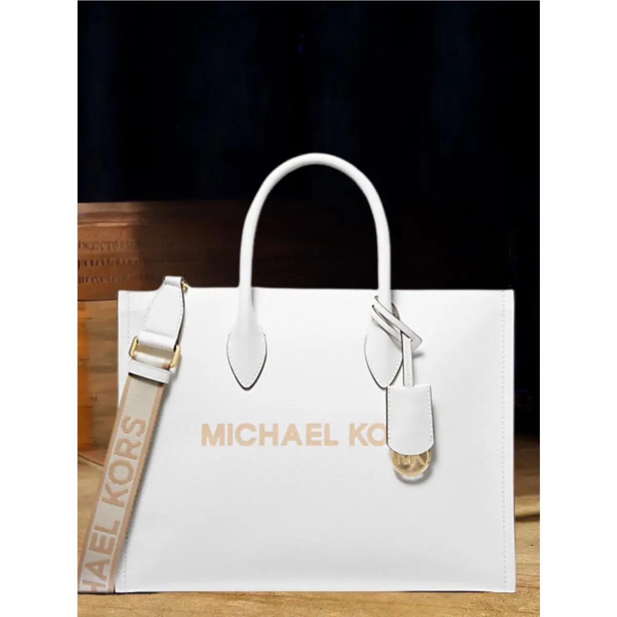 Michael Kors Mirella Medium Women Grained Leather Handbag MK Logo White Leather