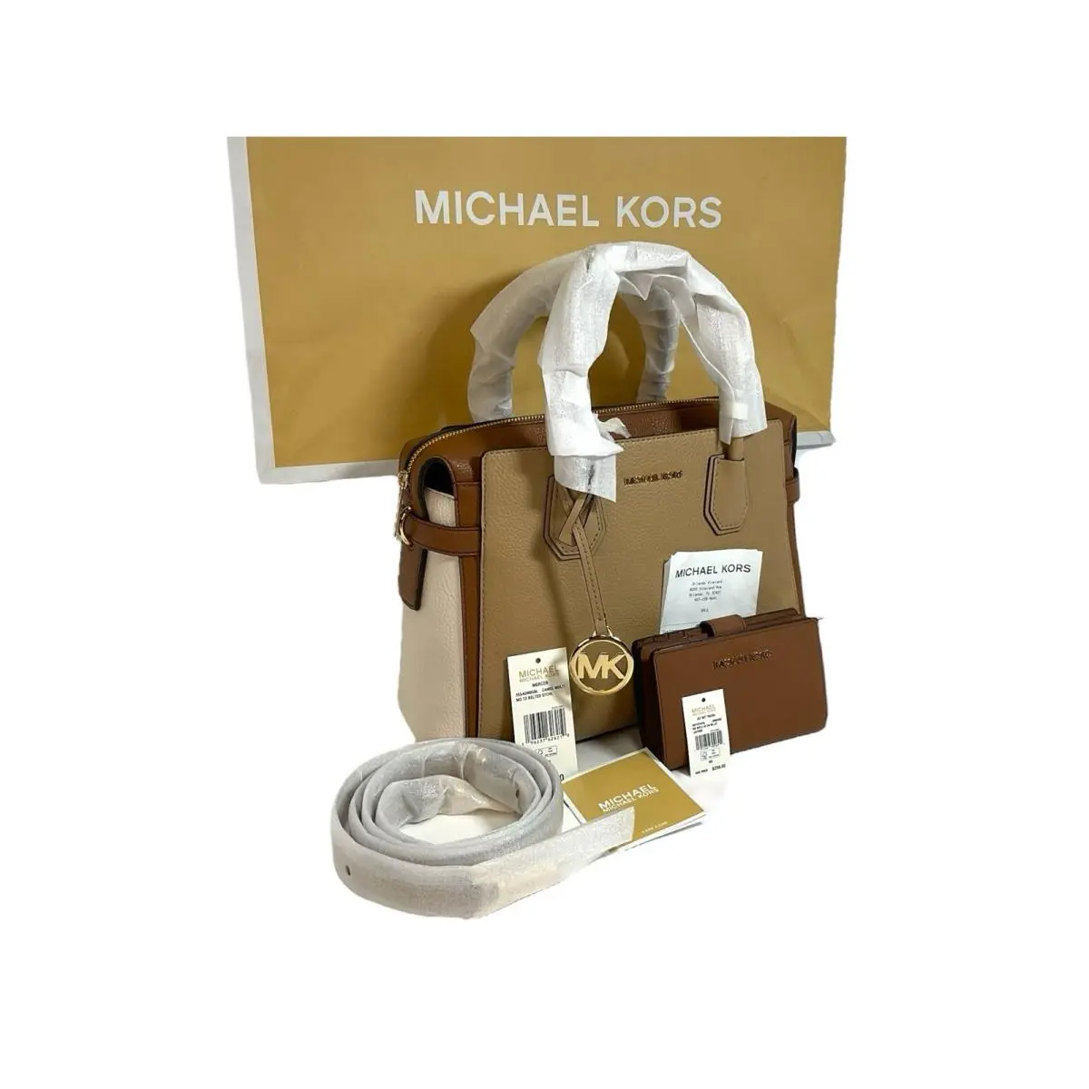 Michael Kors Mercer Medium Belted Satchel Shoulder Bag Color-block Camel Multi