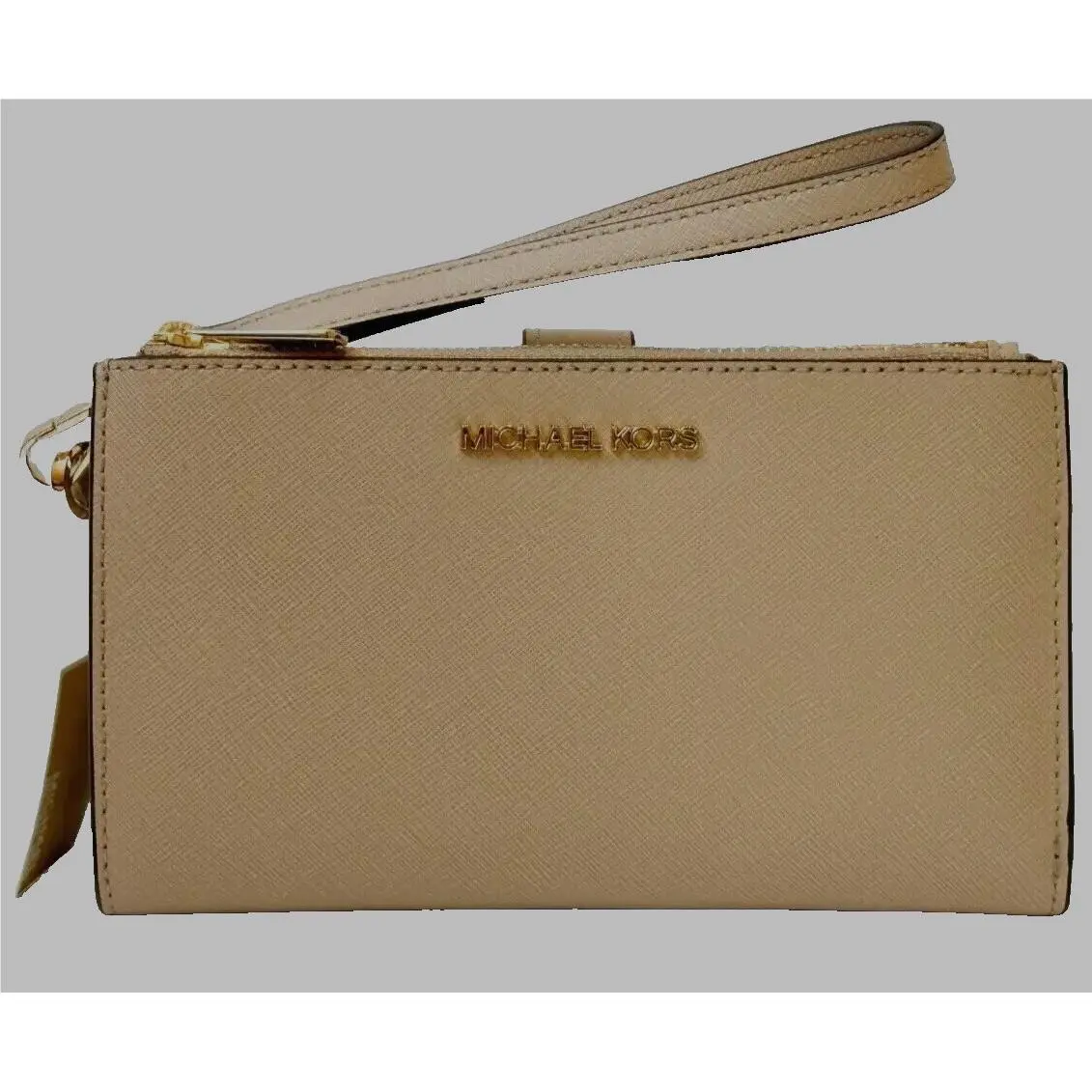 Michael Kors Leather Double Zip Wallet Wristlet Phone Holder Bisque