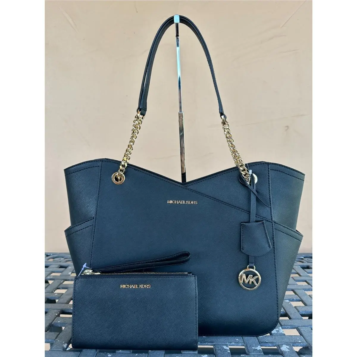 Michael Kors Jet Set Travel Large Chain Tote Bag + Double Zip Wallet Set Black
