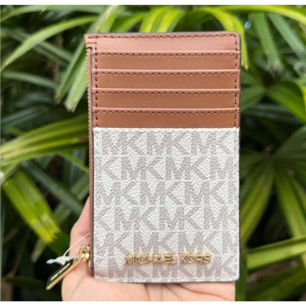 Michael Kors Jet Set Travel Top Zip Card Case Leather Wallet MK Vanilla