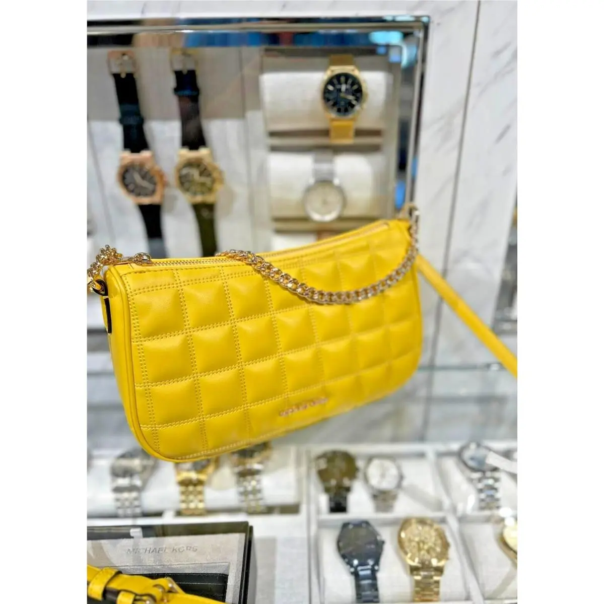 Michael Kors Carmela MD Pouchette Crossbody Bag Quilted Chain Strap-daisy Yellow