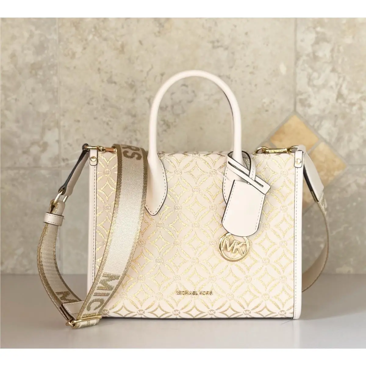 Mirella S Satchel Shoulder Tote Bag Graphic Logo Glitter Gold Cream by Michael Kors