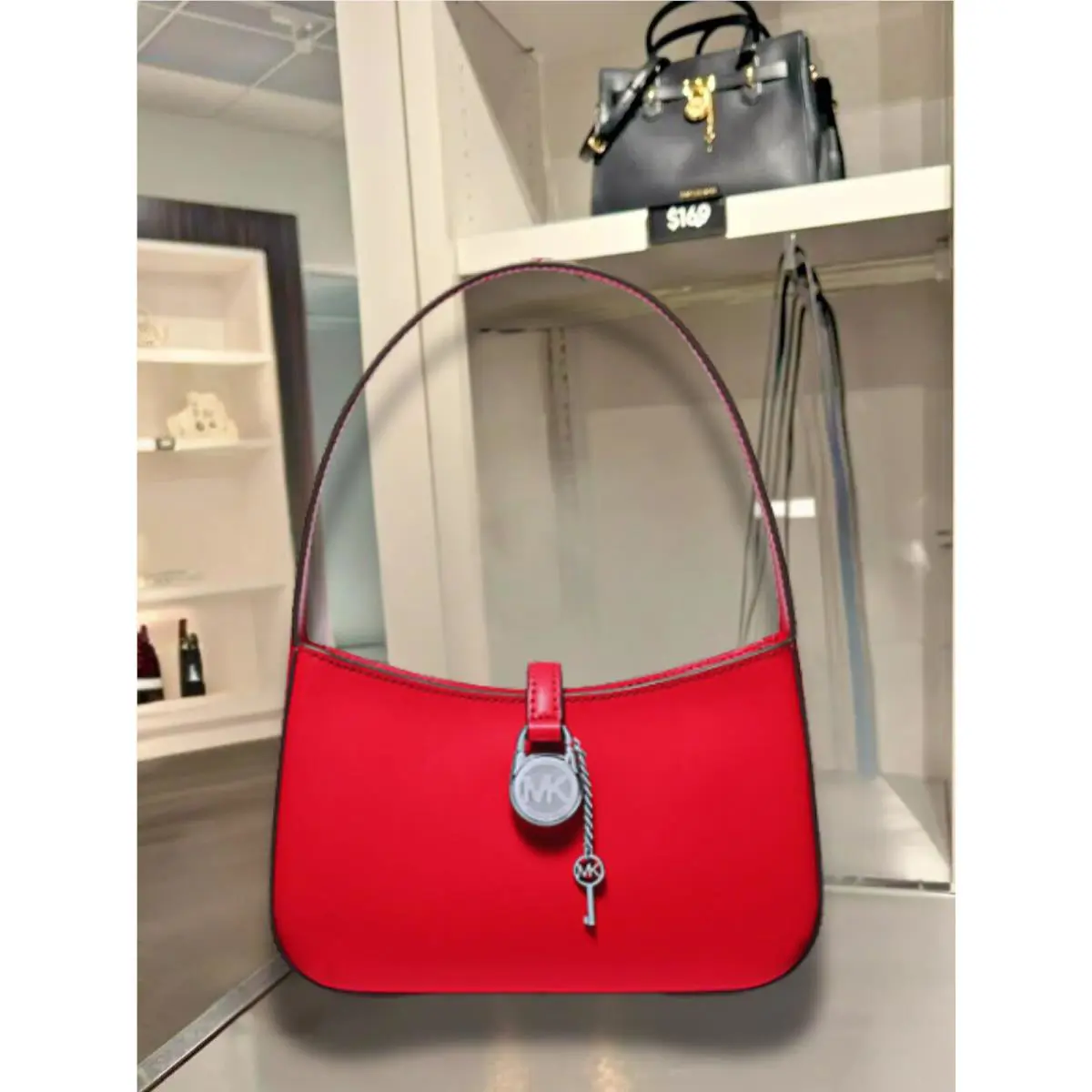 Michael Kors Lyra Women Small Leather Pochette Shoulder Handbag Purse Bright Red