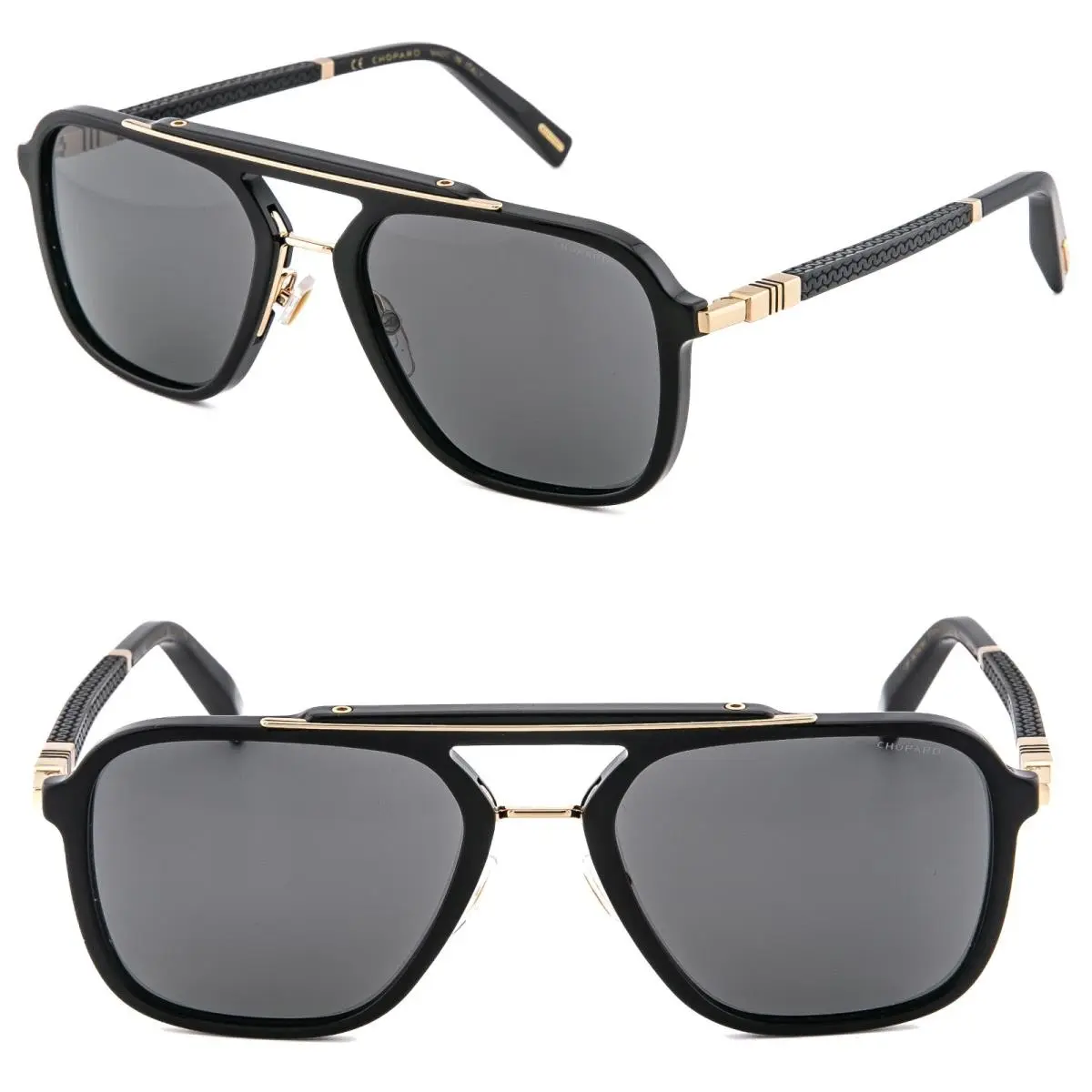 Chopard 291 Classic Racing Aviator Black Rubber Gold SCH291 Polarized Sunglasses - Frame: Black, Lens: Black