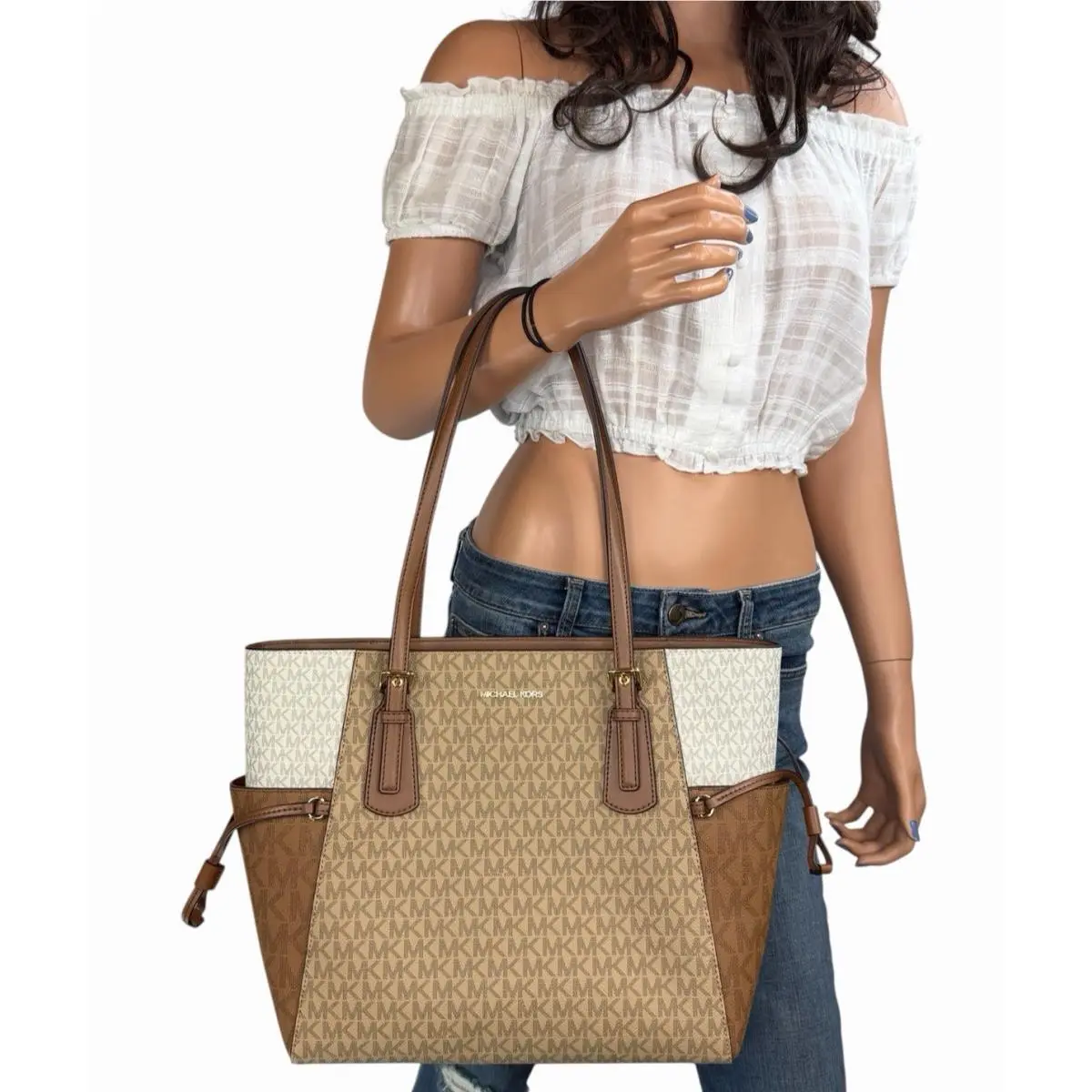 Michael Kors Voyager LG Drawstring Tote Shoulder Bag MK Color-block Camel Multi