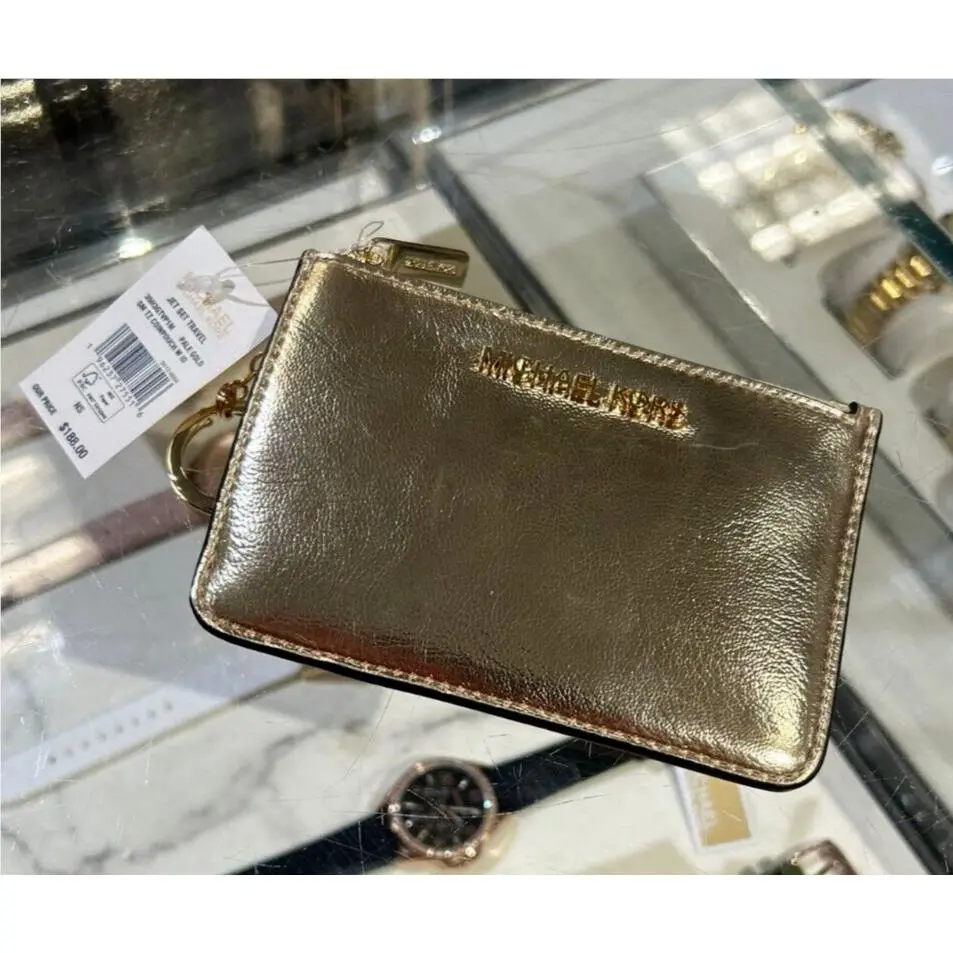 Michael Kors Small Top Zip Coin Pouch ID Card Holder in Pale Gold Keychain Fob