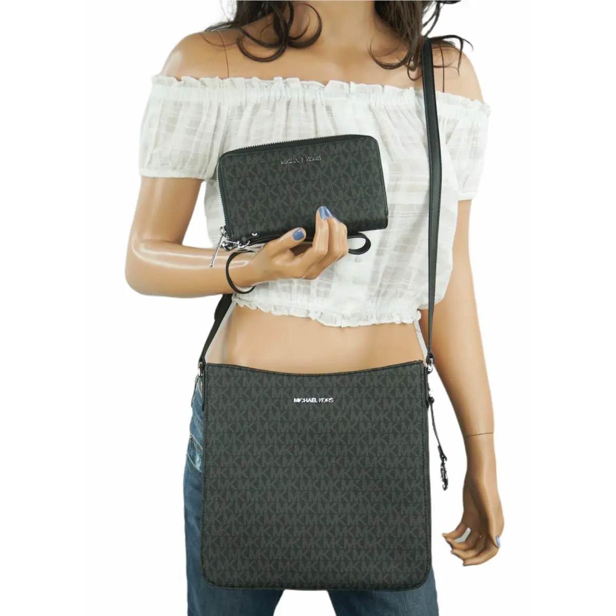 Michael Kors Jet Set Travel LG Messenger Bag + Phone Wallet Set MK Black