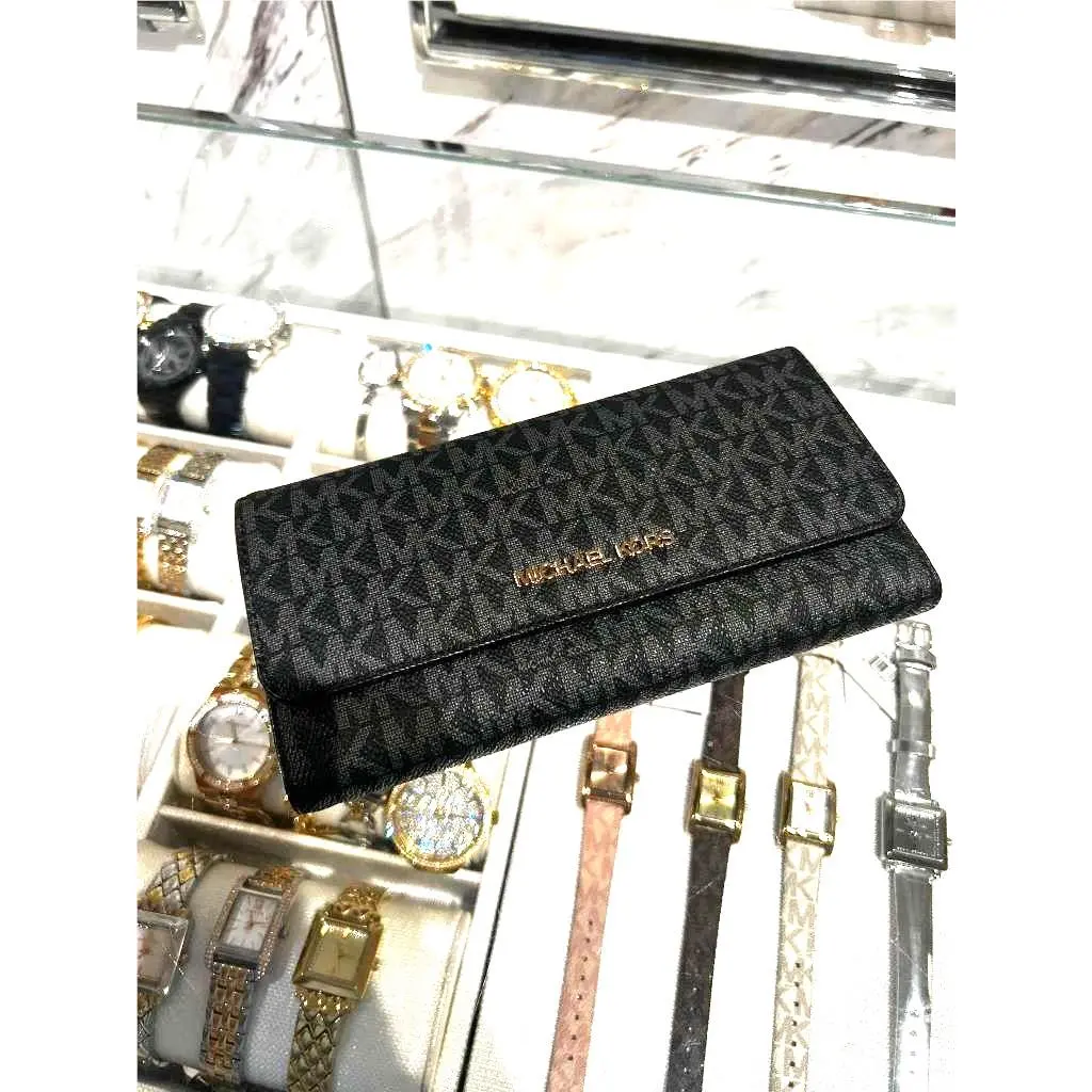 Michael Kors Jet Set Women Large Logo-print Canvas Trifold Card Wallet Black