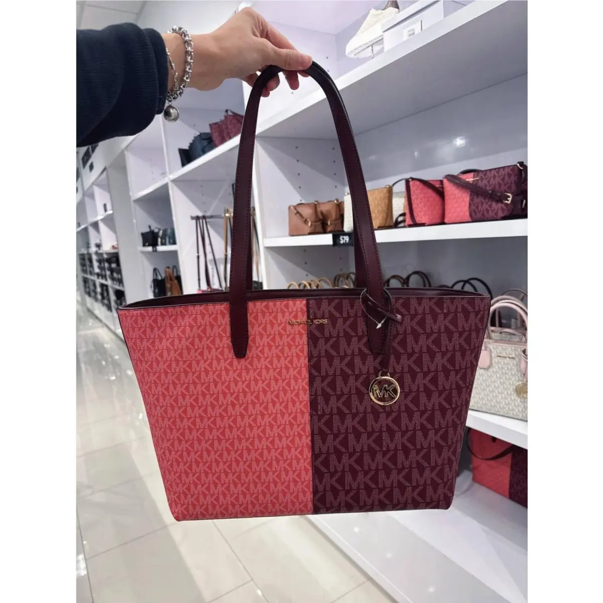 Michael Kors MK Jet Set Travel Top Zip MD Tote Shoulder Bag MK Oxblood Multi