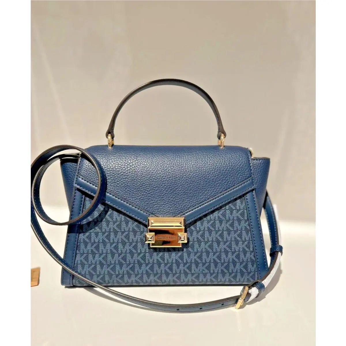Michael Kors Whitney Medium Flap Shoulder Satchel Bag Handbag Purse - Navy