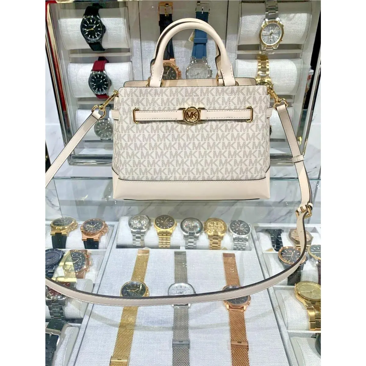 Michael Kors Reed Small Logo Belted Crossbody Satchel Handbag Light Cream Multi