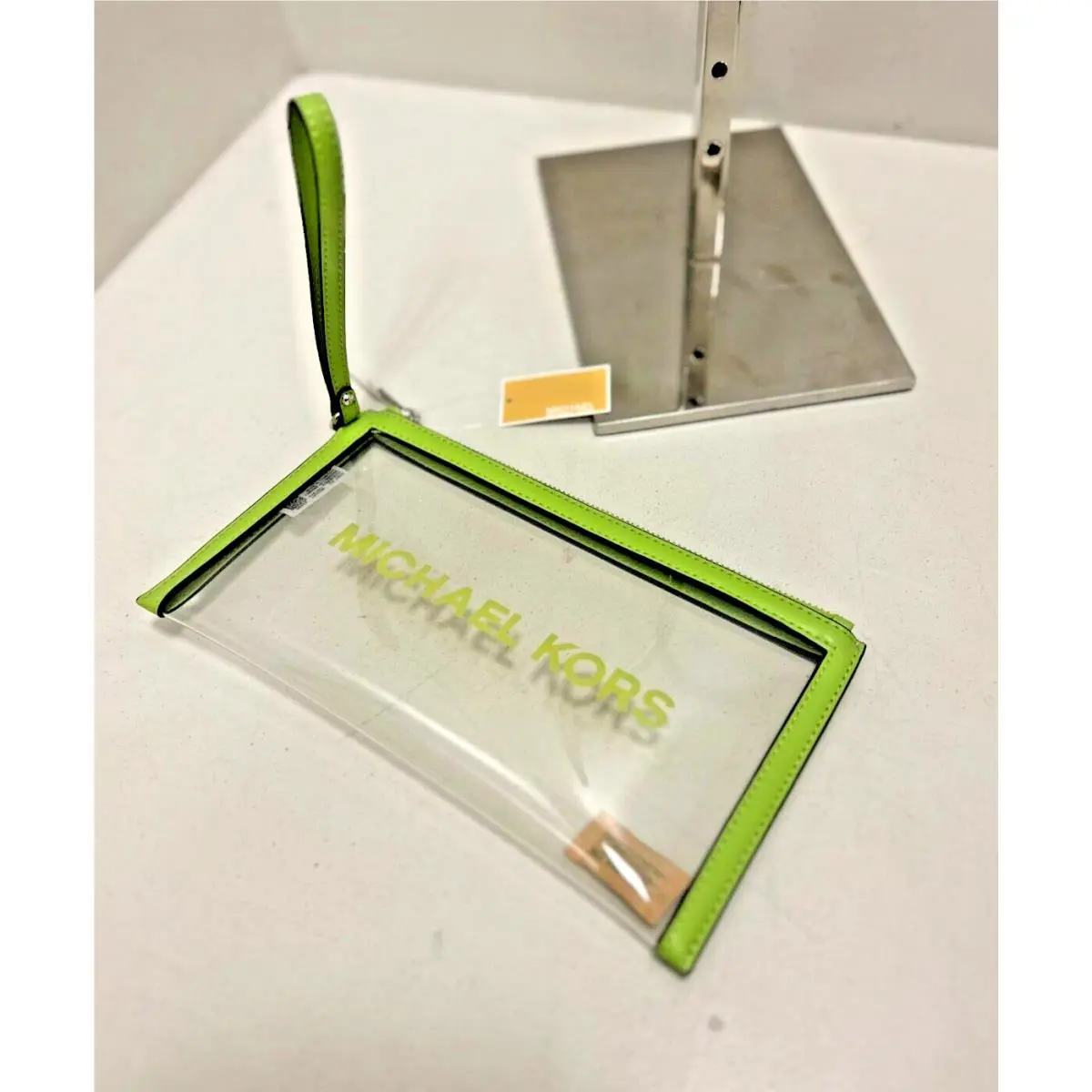Michael Kors Ladies Large Clear Flat Top Zip Clutch Wristlet Wallet Lime MK