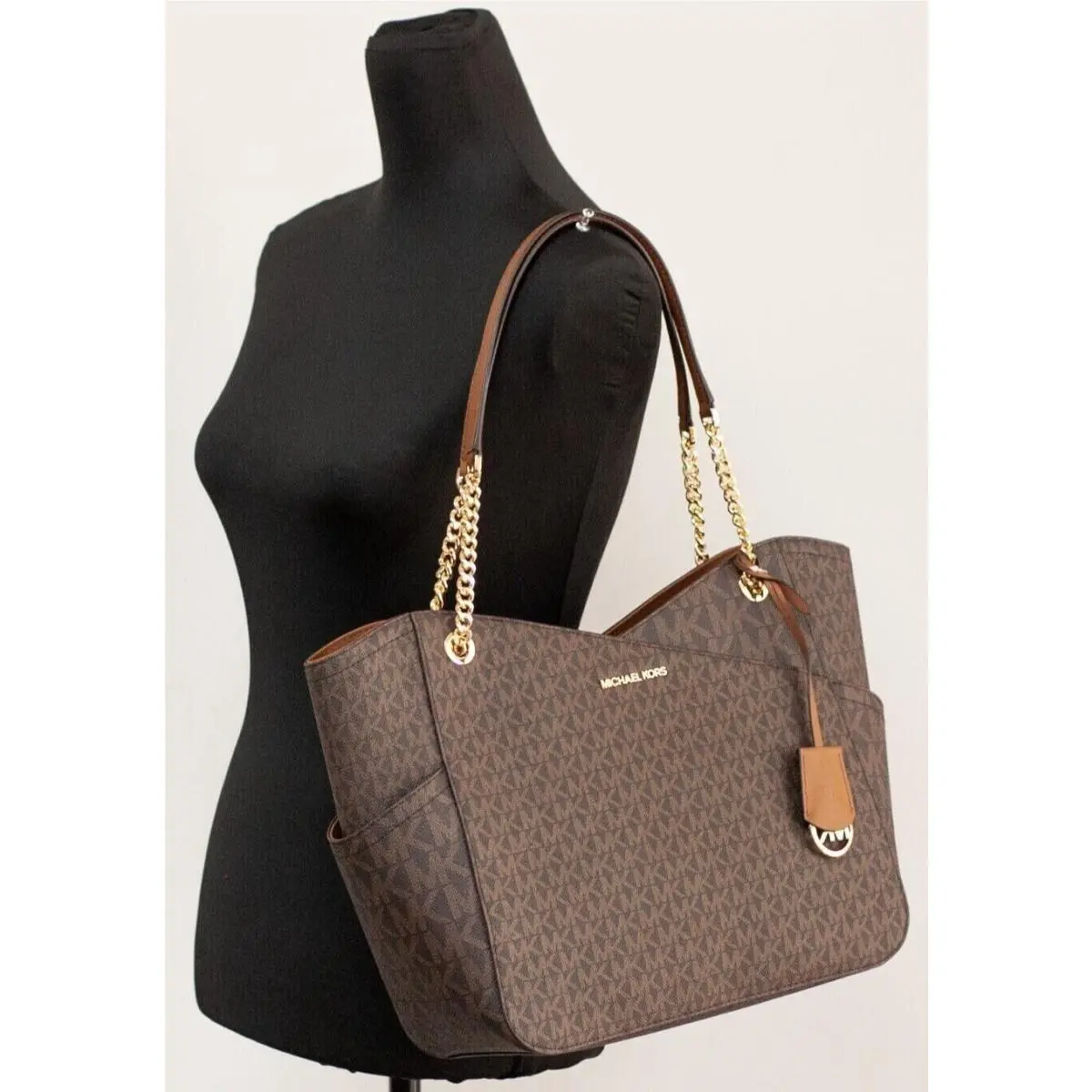 Michael Kors Large X Chain Shoulder Tote Brown Signature 35F1GTVT3B FS