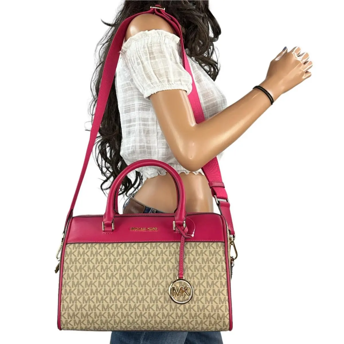 Michael Kors Jet Set Travel Medium Shoulder Duffle Bag MK Carmine Pink Multi