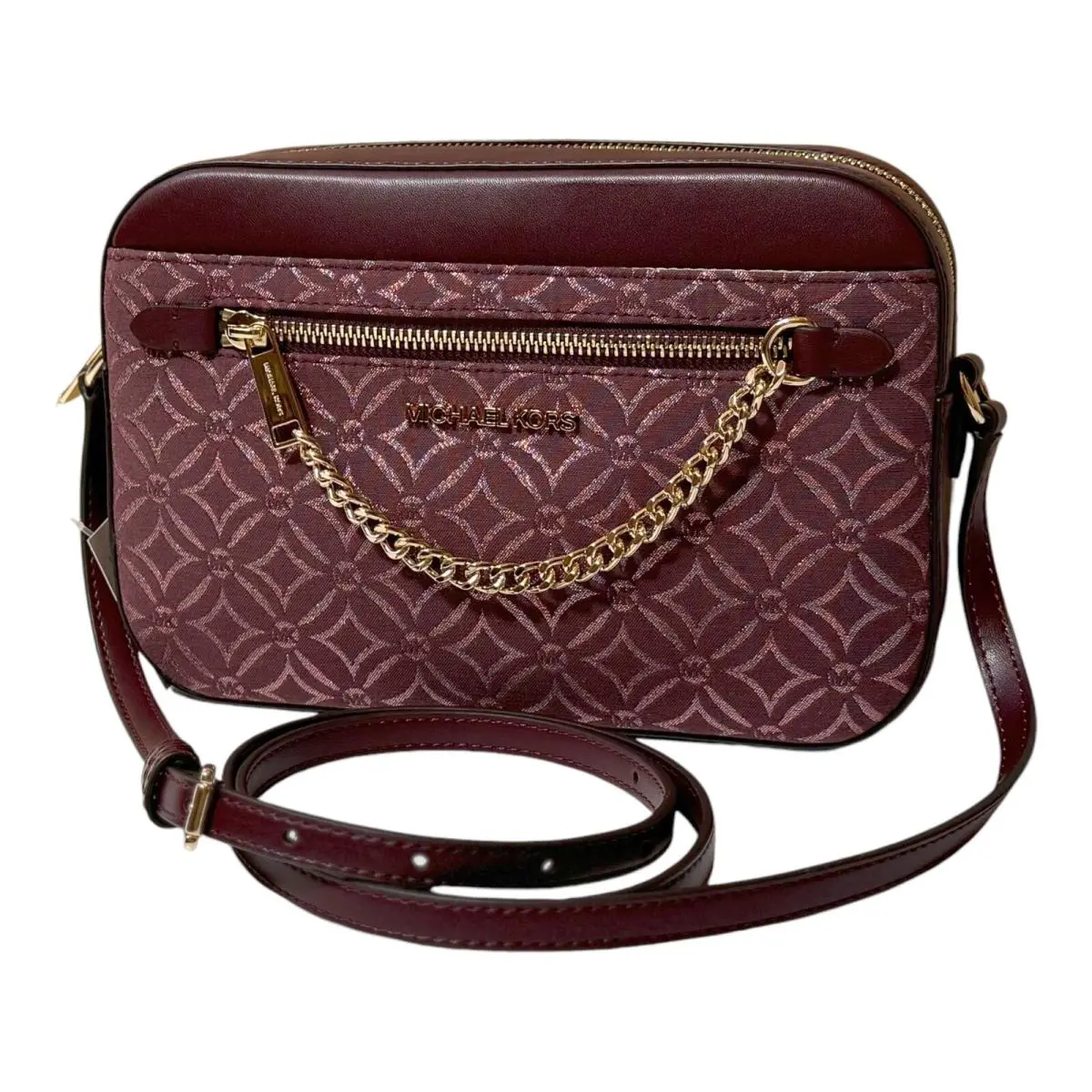 Michael Kors Jet Set Item Chain Crossbody Bag Graphic Logo MK Oxblood Multi
