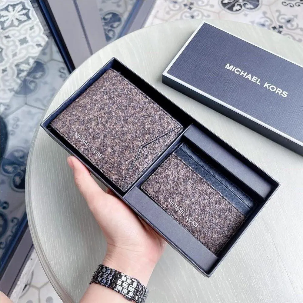 Michael Kors Boxed Mens Billfold Wallets Card Holder Set Brown Signature