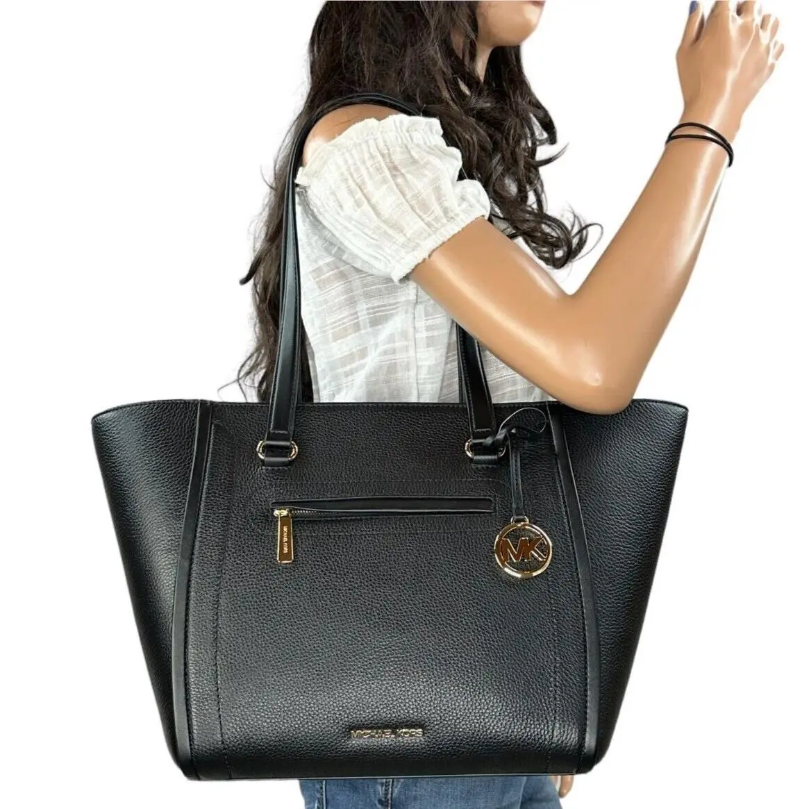 Carine Large Front Pocket Shoulder Tote Leather Bag Black by Michael Kors