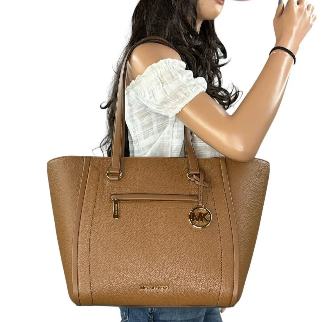 Carine Large Front Pocket Shoulder Tote Leather Bag Black by Michael Kors