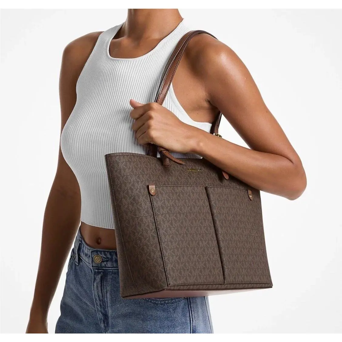 Michael Kors Jet Set Travel MK Signature Double Pocket MK Tote Brown
